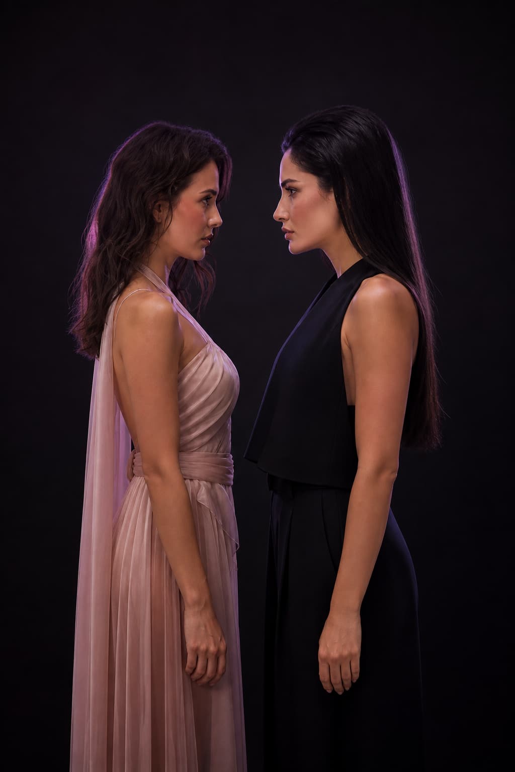 Two fashion models facing each other