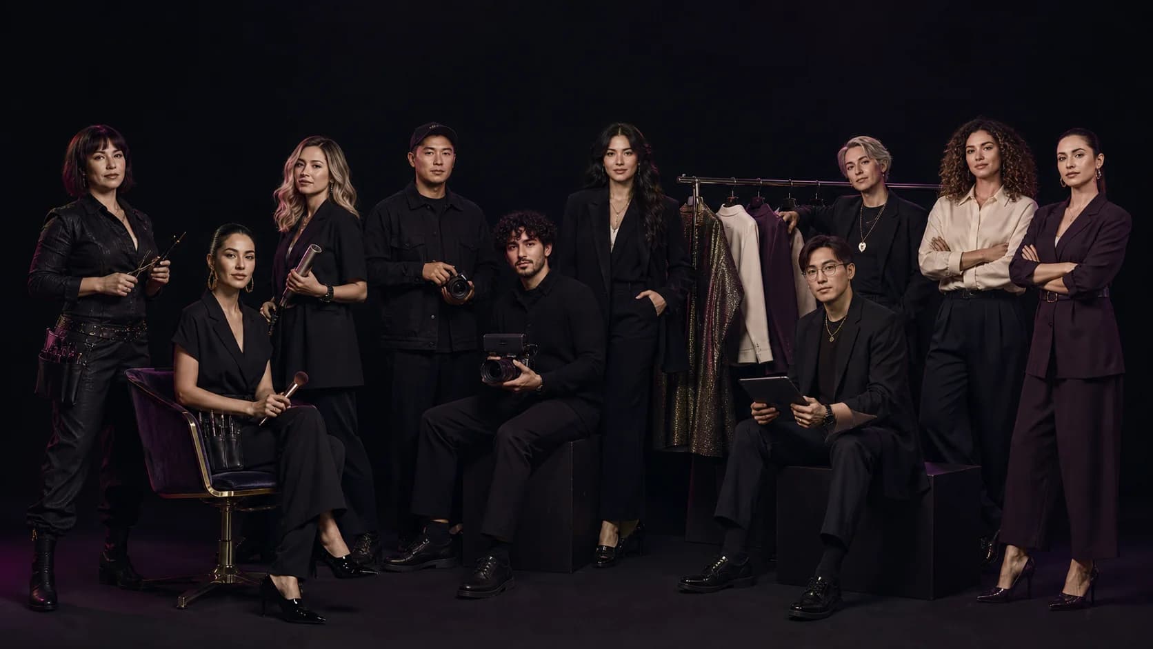 A team of fashion and beauty professionals in a dark editorial studio