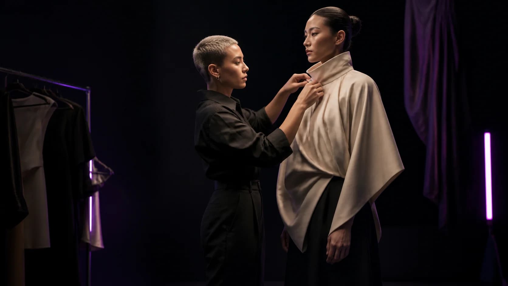 A fashion stylist shaping a model's look on set
