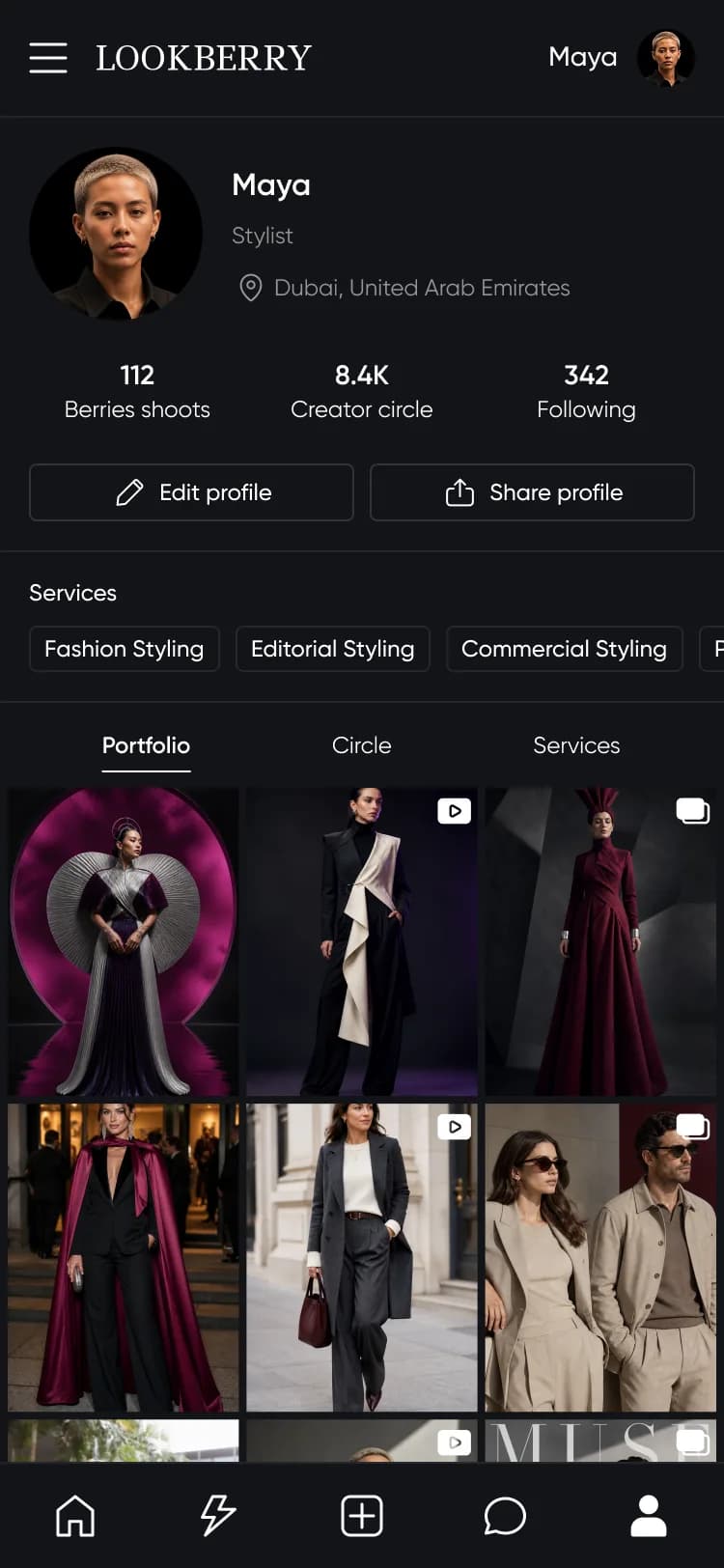 Stylist portfolio in the dark app theme
